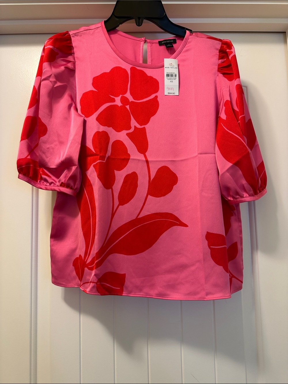 Ann Taylor Satin Bright Pink Blouse with Red Floral Print